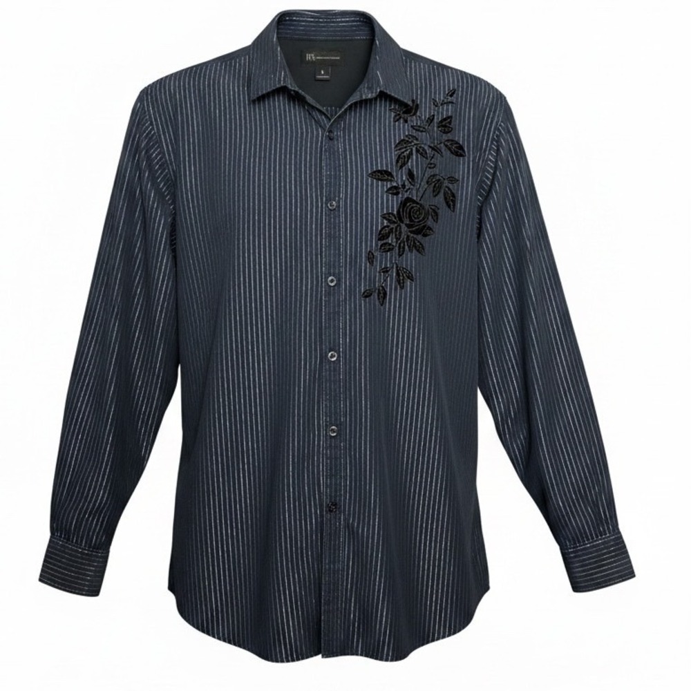 INC International Concepts Navy Pinstripe Velvet Rose Floral Button Down Shirt L